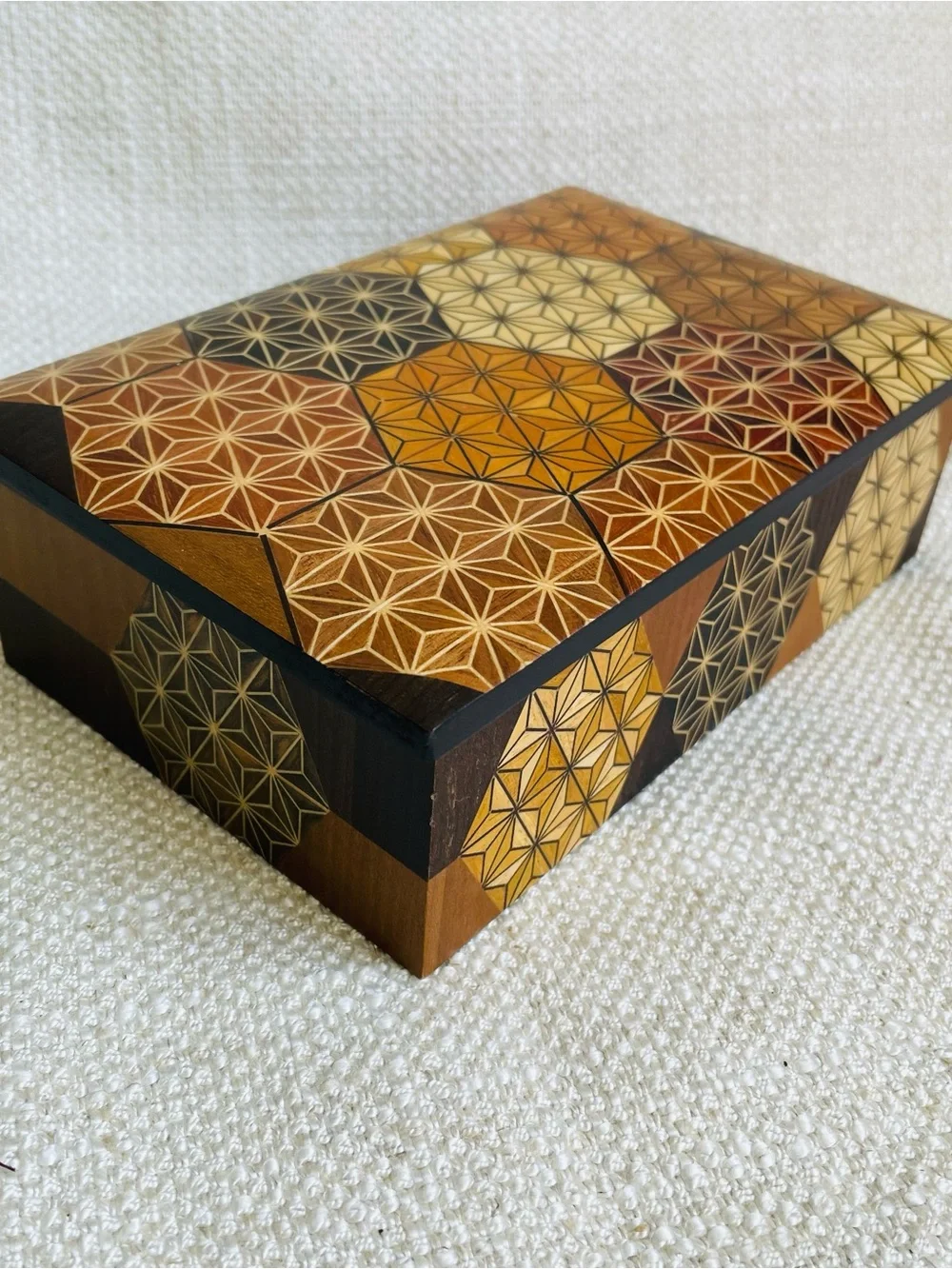 Vintage Handcrafted Geometric Inlay Wood Keepsake Jewelry Box Honey Brown